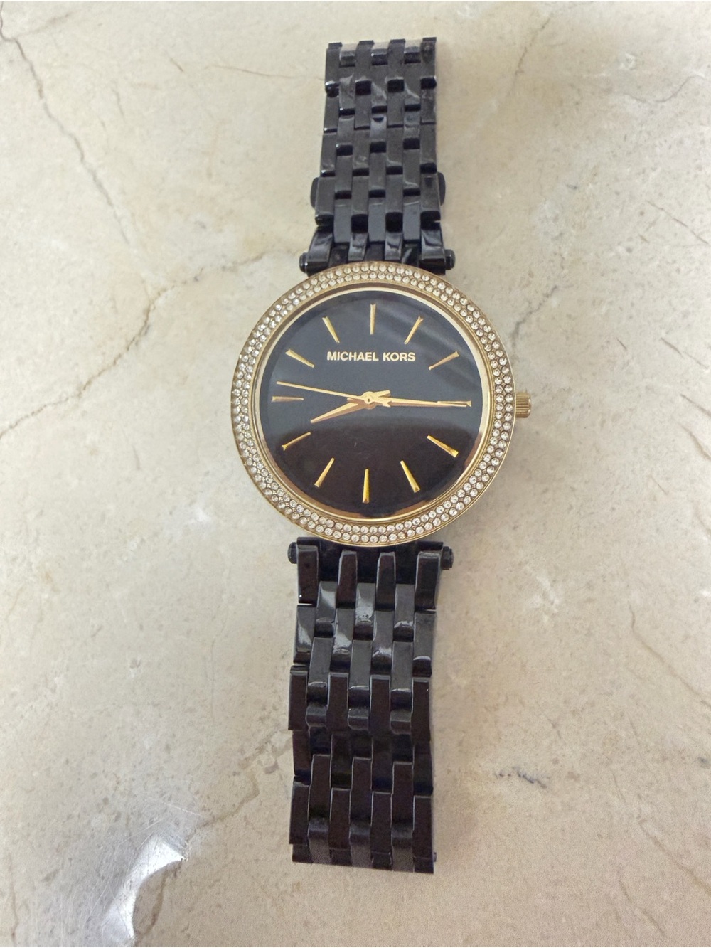 Michael Kors Black Dial Black Bracelet Watch with Gold Accents and Crystal Bezel